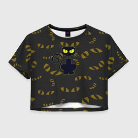 Женская футболка Cropp-top с принтом Смотрящий кот , 100% полиэстер | круглая горловина, длина футболки до линии талии, рукава с отворотами | 3d | абстракция | анимация | глаза | желтые | смотрящий  кот | черный
