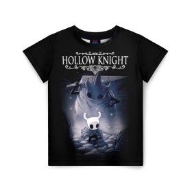 Детская футболка 3D с принтом Hollow Knight , 100% гипоаллергенный полиэфир | прямой крой, круглый вырез горловины, длина до линии бедер, чуть спущенное плечо, ткань немного тянется | hallownest | hollow knight | the knight | игры | компьютерная игра | реймер | рыцарь