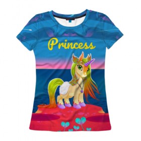 Женская футболка 3D с принтом Единорог принцессы , 100% полиэфир ( синтетическое хлопкоподобное полотно) | прямой крой, круглый вырез горловины, длина до линии бедер | pony | грива | девочка | единорог | конь | копыта | красивая | лошадка | лошадь | милая | пони | природа закат | радуга