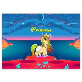 Поздравительная открытка с принтом Единорог принцессы , 100% бумага | плотность бумаги 280 г/м2, матовая, на обратной стороне линовка и место для марки
 | pony | грива | девочка | единорог | конь | копыта | красивая | лошадка | лошадь | милая | пони | природа закат | радуга