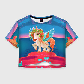 Женская футболка Crop-top 3D с принтом Милый единорог , 100% полиэстер | круглая горловина, длина футболки до линии талии, рукава с отворотами | pony | грива | девочка | единорог | конь | копыта | красивая | лошадка | лошадь | милая | пони | природа закат | радуга