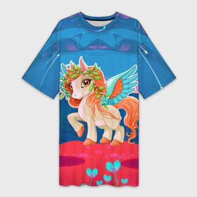 Платье-футболка 3D с принтом Милый единорог ,  |  | Тематика изображения на принте: pony | грива | девочка | единорог | конь | копыта | красивая | лошадка | лошадь | милая | пони | природа закат | радуга