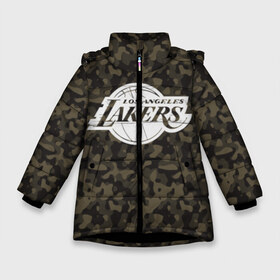 Зимняя куртка для девочек 3D с принтом Los Angeles Lakers Camo , ткань верха — 100% полиэстер; подклад — 100% полиэстер, утеплитель — 100% полиэстер. | длина ниже бедра, удлиненная спинка, воротник стойка и отстегивающийся капюшон. Есть боковые карманы с листочкой на кнопках, утяжки по низу изделия и внутренний карман на молнии. 

Предусмотрены светоотражающий принт на спинке, радужный светоотражающий элемент на пуллере молнии и на резинке для утяжки. | camo | lakers | los angeles lakers | nba | баскетбол | камуфляж | лос анджелес лейкерс | нба | спорт | хаки