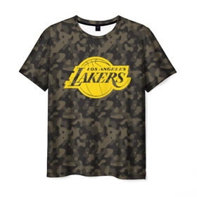 Мужская футболка 3D с принтом Los Angeles Lakers Camo Gold , 100% полиэфир | прямой крой, круглый вырез горловины, длина до линии бедер | Тематика изображения на принте: 