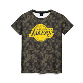 Женская футболка 3D с принтом Los Angeles Lakers Camo Gold , 100% полиэфир ( синтетическое хлопкоподобное полотно) | прямой крой, круглый вырез горловины, длина до линии бедер | Тематика изображения на принте: 