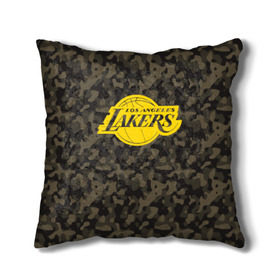 Подушка 3D с принтом Los Angeles Lakers Camo Gold , наволочка – 100% полиэстер, наполнитель – холлофайбер (легкий наполнитель, не вызывает аллергию). | состоит из подушки и наволочки. Наволочка на молнии, легко снимается для стирки | Тематика изображения на принте: 