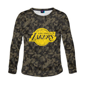 Женский лонгслив 3D с принтом Los Angeles Lakers Camo Gold , 100% полиэстер | длинные рукава, круглый вырез горловины, полуприлегающий силуэт | Тематика изображения на принте: 