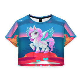 Женская футболка Cropp-top с принтом Милый единорог , 100% полиэстер | круглая горловина, длина футболки до линии талии, рукава с отворотами | pony | грива | девочка | единорог | конь | копыта | красивая | лошадка | лошадь | милая | пони | природа закат | радуга