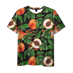 Мужская футболка 3D с принтом Персики , 100% полиэфир | прямой крой, круглый вырез горловины, длина до линии бедер | аромат | зелень | лето | листья | персик | плоды | сад | сочный | спелый | фрукты | цветы