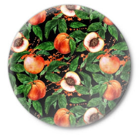 Значок с принтом Персики ,  металл | круглая форма, металлическая застежка в виде булавки | аромат | зелень | лето | листья | персик | плоды | сад | сочный | спелый | фрукты | цветы