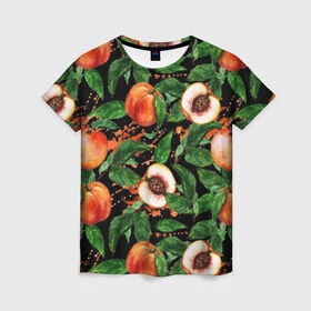 Женская футболка 3D с принтом Персики , 100% полиэфир ( синтетическое хлопкоподобное полотно) | прямой крой, круглый вырез горловины, длина до линии бедер | аромат | зелень | лето | листья | персик | плоды | сад | сочный | спелый | фрукты | цветы