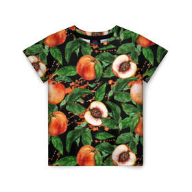 Детская футболка 3D с принтом Персики , 100% гипоаллергенный полиэфир | прямой крой, круглый вырез горловины, длина до линии бедер, чуть спущенное плечо, ткань немного тянется | аромат | зелень | лето | листья | персик | плоды | сад | сочный | спелый | фрукты | цветы