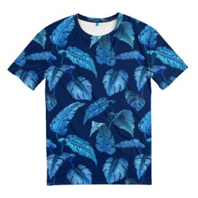 Мужская футболка 3D с принтом Листья. Ночные тропики , 100% полиэфир | прямой крой, круглый вырез горловины, длина до линии бедер | абстракция | зелень | листья | ночь | природа | растение | тропики | цветы
