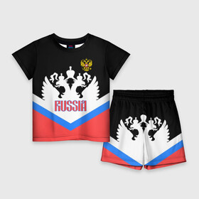 Детский костюм с шортами 3D с принтом HOCKEY RUSSIA ,  |  | hockey | russia | sport | герб | надписи | россия | сборная хоккея | символика | спорт | спортсмен | триколор | форма | хоккей | чемпионат | я русский