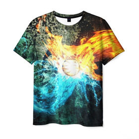 Мужская футболка 3D с принтом Альфа и Омега , 100% полиэфир | прямой крой, круглый вырез горловины, длина до линии бедер | Тематика изображения на принте: битва огней | битва стихий | взрыв | вода | лед и пламя | лучи | огонь | огонь и вода | пламя | скала | текстура | энергия