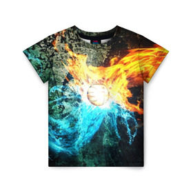 Детская футболка 3D с принтом Альфа и Омега , 100% гипоаллергенный полиэфир | прямой крой, круглый вырез горловины, длина до линии бедер, чуть спущенное плечо, ткань немного тянется | битва огней | битва стихий | взрыв | вода | лед и пламя | лучи | огонь | огонь и вода | пламя | скала | текстура | энергия