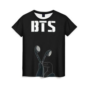 Женская футболка 3D с принтом BTS(наушники в руке) , 100% полиэфир ( синтетическое хлопкоподобное полотно) | прямой крой, круглый вырез горловины, длина до линии бедер | bangtan boys | beyond the scene | bts | бтс | группа | музыка | песни | южнокорейский бойбенд