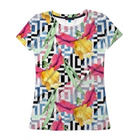 Женская футболка 3D с принтом Летняя абстракция , 100% полиэфир ( синтетическое хлопкоподобное полотно) | прямой крой, круглый вырез горловины, длина до линии бедер | 3d | абстракция | зелень | квадратики | лето | листья | мода | природа | цветы