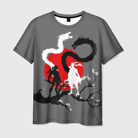 Мужская футболка 3D с принтом Битва драконов , 100% полиэфир | прямой крой, круглый вырез горловины, длина до линии бедер | anime | meme | tokyo | аниме | герой | иероглиф | луна | манга | сакура | самурай | солнце | стиль | фентези | япония