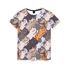 Женская футболка 3D с принтом Котомания , 100% полиэфир ( синтетическое хлопкоподобное полотно) | прямой крой, круглый вырез горловины, длина до линии бедер | кот | котики | котяра | кошка | милый | паттерн | прикольный | пушистик | рыжий | смешной