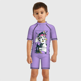 Детский купальный костюм 3D с принтом Kishibe Rohan in Purple , Полиэстер 85%, Спандекс 15% | застежка на молнии на спине | diamond is unbreakable | heavens door | jjba | jojo | kishibe | rohan