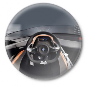 Значок с принтом BMW ,  металл | круглая форма, металлическая застежка в виде булавки | bmw | car | car interior | steering | windshield | автомобиль | бмв | лобовое стекло | руль | салон