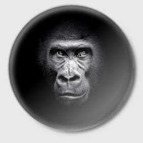 Значок с принтом Горилла ,  металл | круглая форма, металлическая застежка в виде булавки | animal | black | eyes | fauna | gorilla | gray | look | monkey | muzzle | primate | взгляд | глаза | горилла | животное | обезьяна | примат | серый | фауна | черный