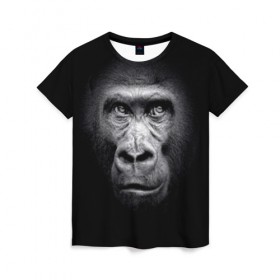 Женская футболка 3D с принтом Горилла , 100% полиэфир ( синтетическое хлопкоподобное полотно) | прямой крой, круглый вырез горловины, длина до линии бедер | animal | black | eyes | fauna | gorilla | gray | look | monkey | muzzle | primate | взгляд | глаза | горилла | животное | обезьяна | примат | серый | фауна | черный