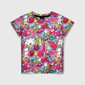Детская футболка 3D с принтом Девчачьи радости , 100% гипоаллергенный полиэфир | прямой крой, круглый вырез горловины, длина до линии бедер, чуть спущенное плечо, ткань немного тянется | Тематика изображения на принте: cat | clou | crown | flower | funny | graffiti | heart | kitten | lips | lollipop | shoes | sneakers | strawberry | unicorn | граффити | губы | единорог | звезда | кеды | клубника | корона | кот | котёнок | леденец | мороженое | облако | обувь | помада | 