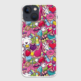 Чехол для iPhone 13 mini с принтом Девчачьи радости ,  |  | cat | clou | crown | flower | funny | graffiti | heart | kitten | lips | lollipop | shoes | sneakers | strawberry | unicorn | граффити | губы | единорог | звезда | кеды | клубника | корона | кот | котёнок | леденец | мороженое | облако | обувь | помада | 