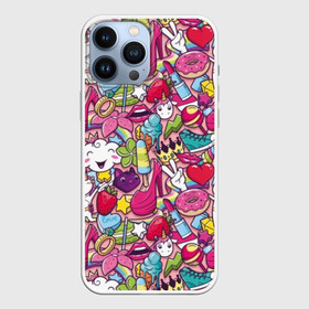 Чехол для iPhone 13 Pro Max с принтом Девчачьи радости ,  |  | cat | clou | crown | flower | funny | graffiti | heart | kitten | lips | lollipop | shoes | sneakers | strawberry | unicorn | граффити | губы | единорог | звезда | кеды | клубника | корона | кот | котёнок | леденец | мороженое | облако | обувь | помада | 