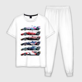 Мужская пижама хлопок с принтом F1 Болиды , 100% хлопок | брюки и футболка прямого кроя, без карманов, на брюках мягкая резинка на поясе и по низу штанин
 | f1 | f2 | авто | болид | болиды | гонки | формула 1