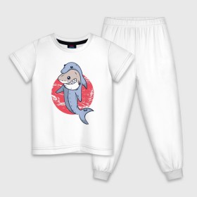 Детская пижама хлопок с принтом Акула в костюме Дельфина , 100% хлопок |  брюки и футболка прямого кроя, без карманов, на брюках мягкая резинка на поясе и по низу штанин
 | 