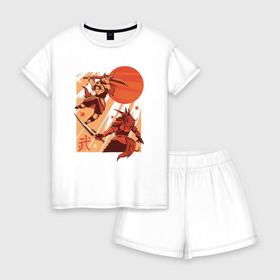 Женская пижама с шортиками хлопок с принтом Битва Единорогов , 100% хлопок | футболка прямого кроя, шорты свободные с широкой мягкой резинкой | unicorn | единорог | ниндзя | самураи | самурай | япония