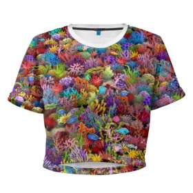 Женская футболка Cropp-top с принтом Коралловый риф , 100% полиэстер | круглая горловина, длина футболки до линии талии, рукава с отворотами | вода | дайвинг | кораллы | кораловый | коралы | море | морской | океан | подводный | рыба | рыбки