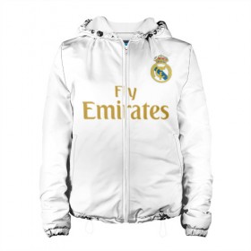 Женская куртка 3D с принтом Азар Реал Мадрид 2019 , ткань верха — 100% полиэстер, подклад — флис | прямой крой, подол и капюшон оформлены резинкой с фиксаторами, два кармана без застежек по бокам, один большой потайной карман на груди. Карман на груди застегивается на липучку | 