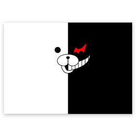 Поздравительная открытка с принтом MONOKUMA (КАПЮШОН) | МОНОКУМА , 100% бумага | плотность бумаги 280 г/м2, матовая, на обратной стороне линовка и место для марки
 | anime | bear | black  white | danganronpa | kurokuma | monodam | monokuma | monomi | monotaro | pink | rabbit | school | shirokuma | аниме | главарь | мoноми | монокума | черно белый | школа