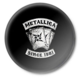 Значок с принтом Metallica ,  металл | круглая форма, металлическая застежка в виде булавки | album | black | concert | heavy | kirk | metal | metallica | music | rock | tolls | джеймс хэтфилд | кирк хэмметт | клифф бёртон | ларс ульрих | метал | металлика | трэш