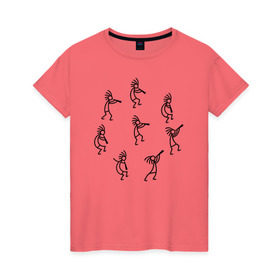 Женская футболка хлопок с принтом Кокопелли , 100% хлопок | прямой крой, круглый вырез горловины, длина до линии бедер, слегка спущенное плечо | божество | дудочка | индейцы | кокопелли | танец | человечек | человечки