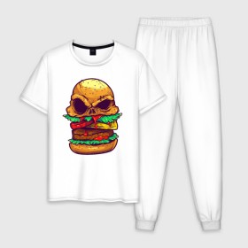Мужская пижама хлопок с принтом Череп Бургер , 100% хлопок | брюки и футболка прямого кроя, без карманов, на брюках мягкая резинка на поясе и по низу штанин
 | 