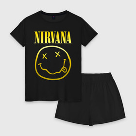 Женская пижама с шортиками хлопок с принтом NIRVANA (НА СПИНЕ) , 100% хлопок | футболка прямого кроя, шорты свободные с широкой мягкой резинкой | nirvana | альтернативный рок | гранж | группа | курт кобейн | логотип нирвана | музыка | нирвана | песни | рок