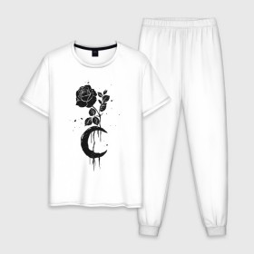 Мужская пижама хлопок с принтом Черная Роза с Луной , 100% хлопок | брюки и футболка прямого кроя, без карманов, на брюках мягкая резинка на поясе и по низу штанин
 | абстракция | луна | роза | розы