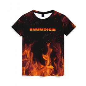 Женская футболка 3D с принтом RAMMSTEIN (НА СПИНЕ) , 100% полиэфир ( синтетическое хлопкоподобное полотно) | прямой крой, круглый вырез горловины, длина до линии бедер | fire | flame | music | rammstein | rock | группа | музыка | музыканты | огонь | пламя | рамштайн | рок