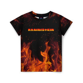 Детская футболка 3D с принтом RAMMSTEIN (НА СПИНЕ) , 100% гипоаллергенный полиэфир | прямой крой, круглый вырез горловины, длина до линии бедер, чуть спущенное плечо, ткань немного тянется | Тематика изображения на принте: fire | flame | music | rammstein | rock | группа | музыка | музыканты | огонь | пламя | рамштайн | рок