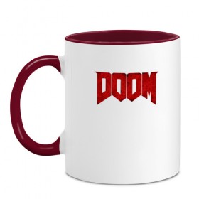 Кружка двухцветная с принтом DOOM , керамика | объем — 330 мл, диаметр — 80 мм. Цветная ручка и кайма сверху, в некоторых цветах — вся внутренняя часть | Тематика изображения на принте: bethesda | dead | death | doom | doom eternal | game | games | metal | monster | ps4 | space | steam | xbox | дум | игра | космос | метал | меч | экшн