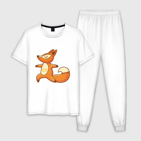 Мужская пижама хлопок с принтом Лисенок занимается йогой , 100% хлопок | брюки и футболка прямого кроя, без карманов, на брюках мягкая резинка на поясе и по низу штанин
 | Тематика изображения на принте: fox | гимнастика | йога | лис | лиса | лисенок | рыжая | упражнения