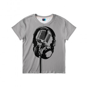 Детская футболка 3D с принтом Микрофон , 100% гипоаллергенный полиэфир | прямой крой, круглый вырез горловины, длина до линии бедер, чуть спущенное плечо, ткань немного тянется | black | gray | headphones | microphone | music | music lover | sound | звук | меломан | микрофон | музыка | наушники | серый | черный