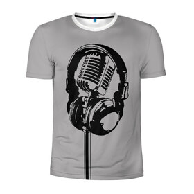 Мужская футболка 3D спортивная с принтом Микрофон , 100% полиэстер с улучшенными характеристиками | приталенный силуэт, круглая горловина, широкие плечи, сужается к линии бедра | black | gray | headphones | microphone | music | music lover | sound | звук | меломан | микрофон | музыка | наушники | серый | черный
