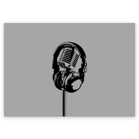 Поздравительная открытка с принтом Микрофон , 100% бумага | плотность бумаги 280 г/м2, матовая, на обратной стороне линовка и место для марки
 | black | gray | headphones | microphone | music | music lover | sound | звук | меломан | микрофон | музыка | наушники | серый | черный