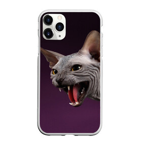 Чехол для iPhone 11 Pro Max матовый с принтом Сфинкс , Силикон |  | aggressive | angry | animal | bald | breed | cat | dangerous | fangs | gray | purple | sphinx | агрессивный | животное | злой | клыки | кот | лысый | опасный | порода | серый | сфинкс | фиолетовый